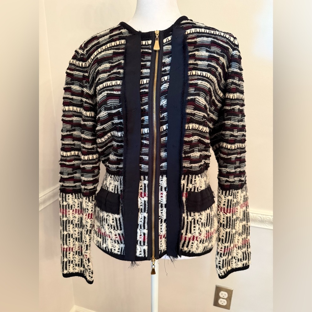 Escada Bouclé Ribbon Knit Virgin Wool Zip Front Jacket